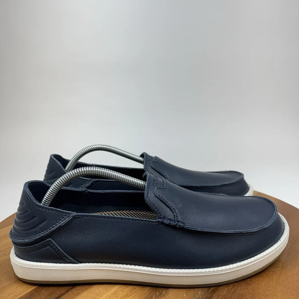 New NWOB Mens Olukai Kakaha Nia Navy Blue Leather Casual Loafers Shoes Size 11 D